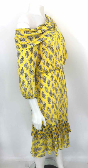SALONI Yellow Navy Silk Print Short Sleeves Size 10  (M) Dress