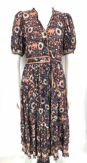 ULLA JOHNSON Navy Tan Multicolor Cotton Blend Floral Print Longsleeve Dress