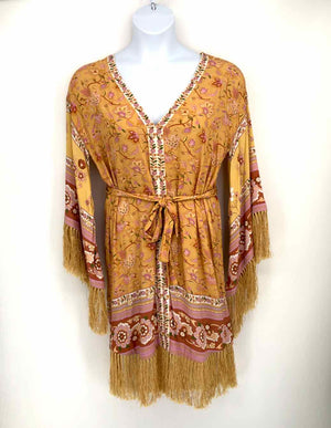 SPELL & THE GYPSY Yellow Multi-Color Fringe Floral Ruffle Sleeves Dress