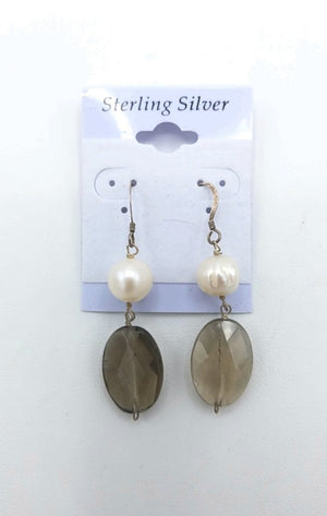 Brown White Sterling Silver Pearl Faceted Dangle SS Pearl Ear - ReturnStyle