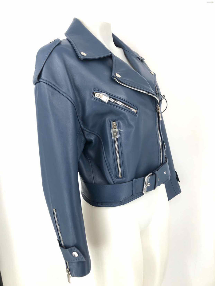 MAJE Blue Silver Sheepskin Moto Women Size 36 (XS) Jacket