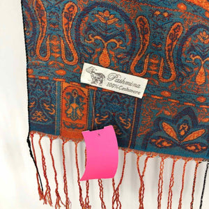 PASHMINA Orange Turquoise Cashmere Print Fringe Scarf - ReturnStyle