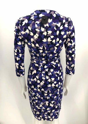 DVF - DIANE VON FURSTENBERG Purple White Cotton & Silk Print Wrap Dress