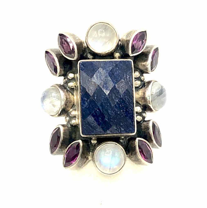 Iridescent Blue & Pink Sterling Silver Rainbow Moonstone SZ 6 Ring SS