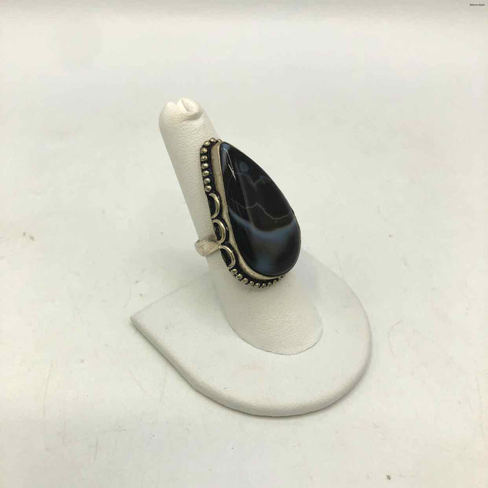 Black AGATE ss Ring sz8