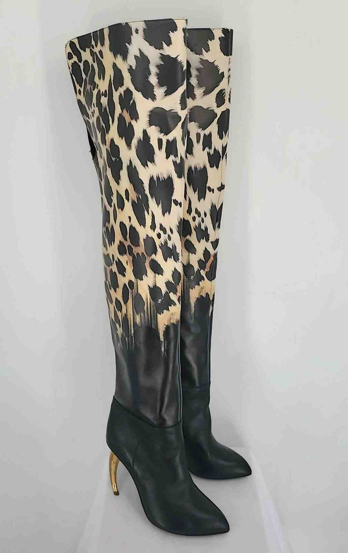 ROBERTO CAVALLI Black Tan Leather Heel Made in Italy Animal Print Boot Boots