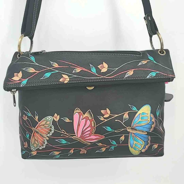 ANUSCHKA Black Pink Multi Leather Pre Loved Butterfly Crossbody Purse