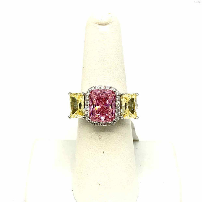 Yellow Pink Sterling Silver Crystal Square Pave SZ 7 Ring SS