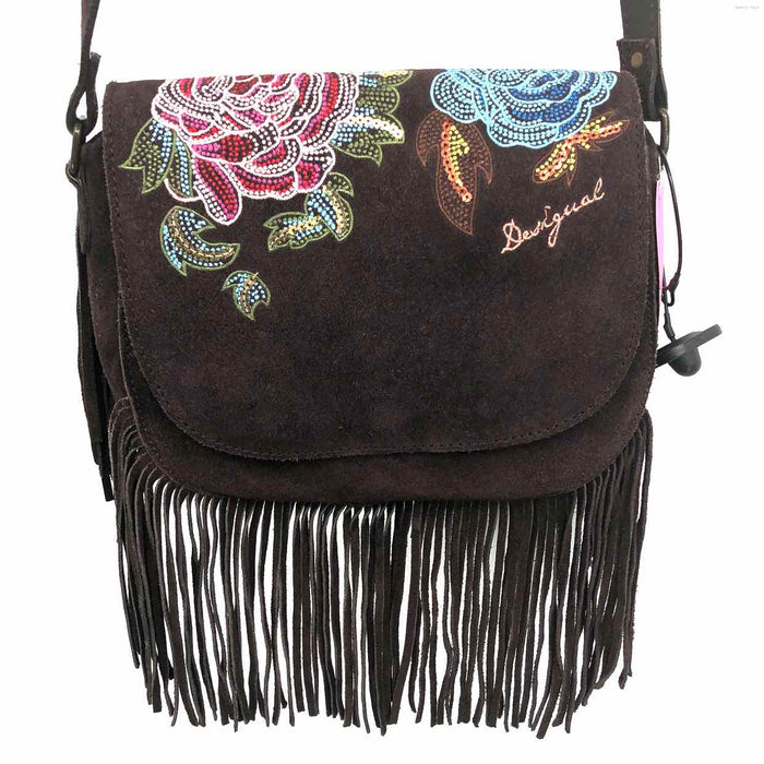 DESIGUAL Brown Blue Pink Multi Suede Pre Loved Floral Embroidered Fringe Purse