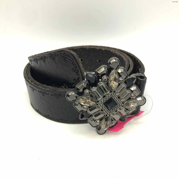 FOSSIL Black Gunmetal Leather Crystal Pre Loved AS IS Stamped MEDIUM (M) Belt