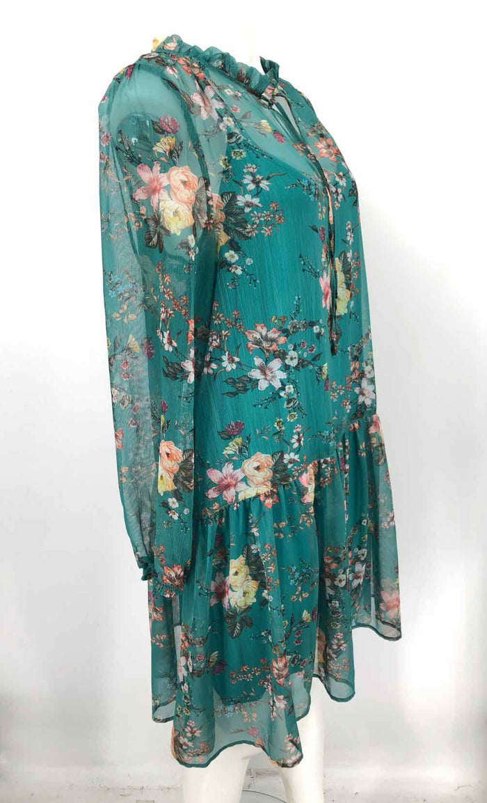 MAEVE - ANTHROPOLOGIE Green Pink Multi Floral Print Longsleeve Dress