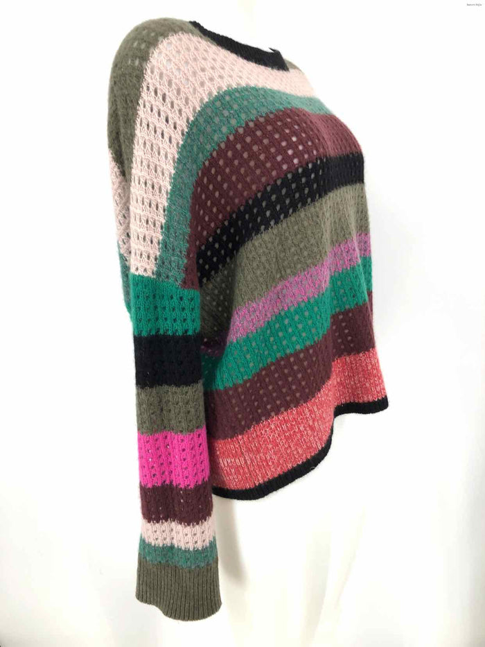 360 CASHMERE Olive & Beige Burgundy Multi Cashmere Open Weave Pullover Sweater