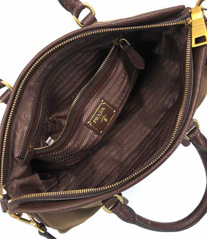 PRADA Olive Brown Nylon Leather Trim Pre Loved Satchel Purse