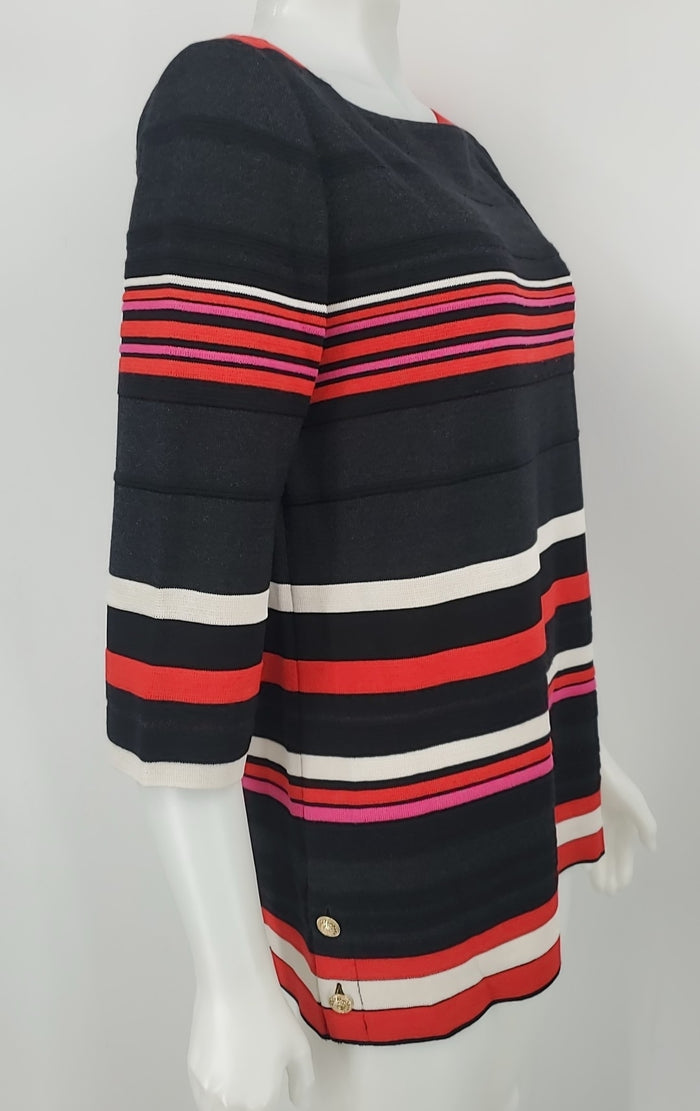 ST. JOHN Black Red Multi Made in USA Striped Longsleeve Size MEDIUM (M) Top