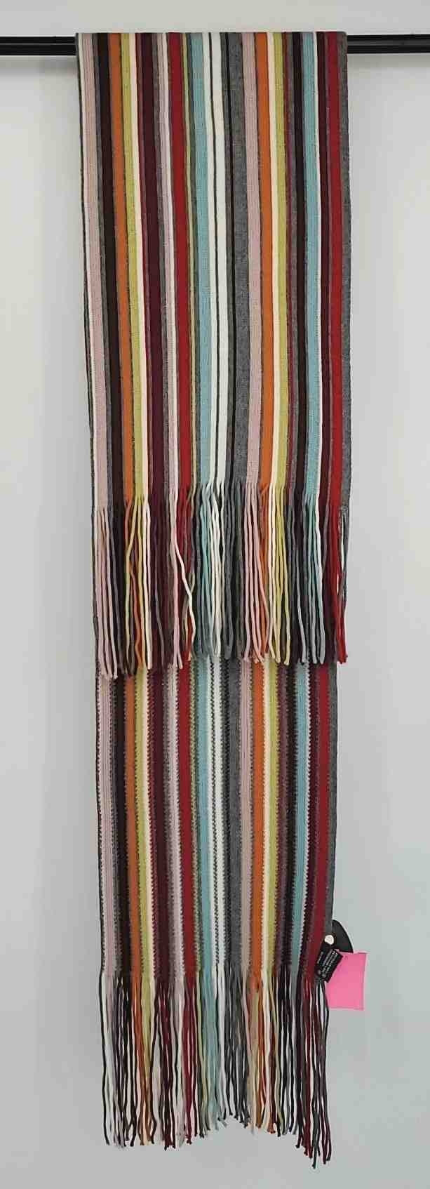 BONNE Red Gray Multi Knit Wool Pre Loved Striped Fringe Scarf