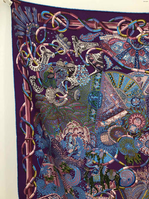 HERMES Purple Green Silk Excellent Condition Print Square 90cm Scarf