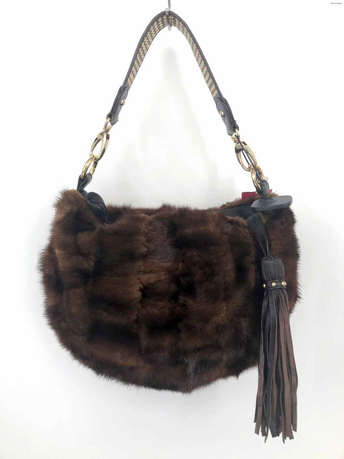 PAOLO MASI Brown Leather & Fur Studded Shoulder Bag Purse