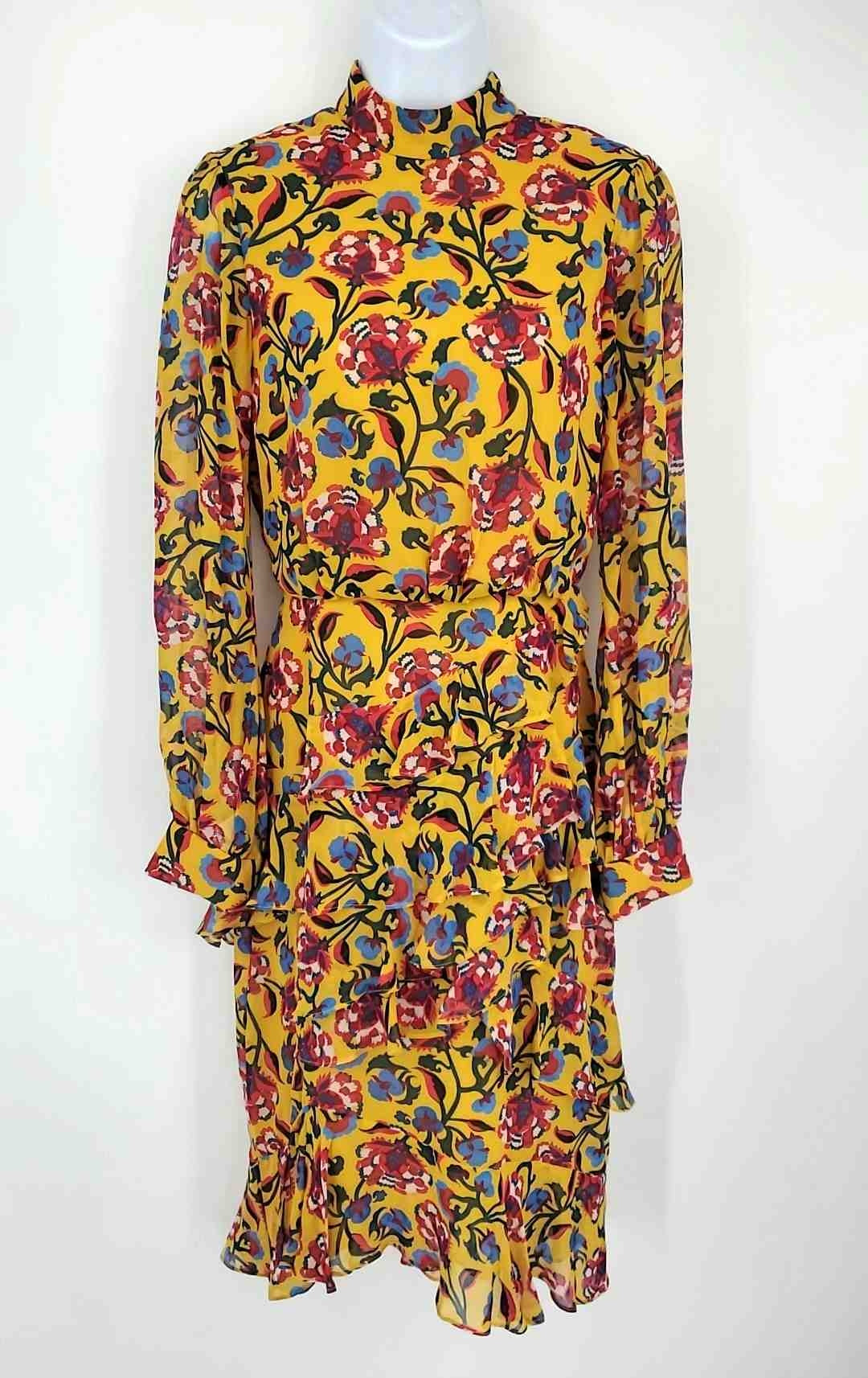 SALONI Yellow Red Multi Silk Floral Ruffle Size 2 (XS) Dress  ReturnStyle