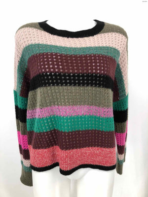 360 CASHMERE Olive & Beige Burgundy Multi Cashmere Open Weave Pullover Sweater