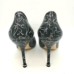 MANOLO BLAHNIK Black & White Pewter Pointed Toe Made in Italy Print Heels Shoes