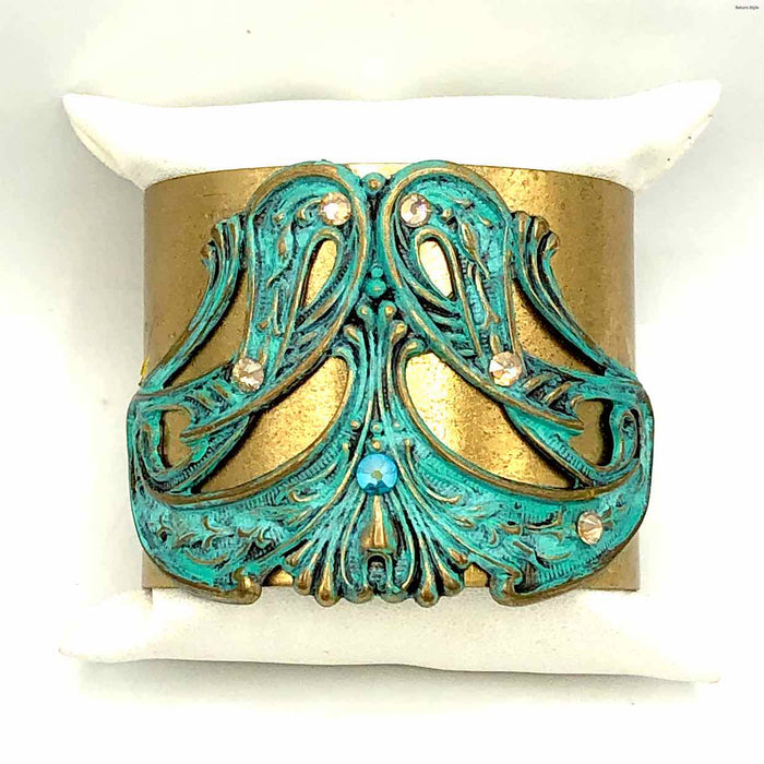 Green Goldtone Crystal Art Nouveau Cuff Bracelet