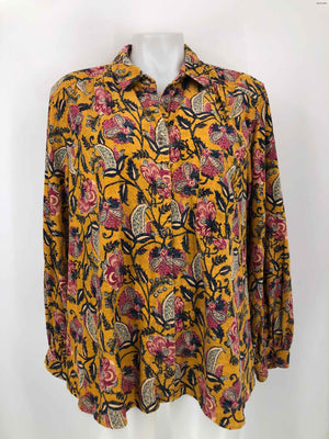 ANTHROPOLOGIE Yellow Blue Corduroy Print Button Up Size X-LARGE Top