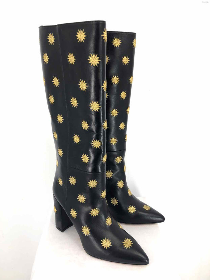 STUART WEITZMAN Black Gold Leather Made in Spain Star 3.75' Chunky Heel Boots