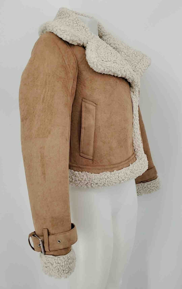 ABERCROMBIE & FITCH Tan Off White Faux Suede Faux Shearling Longsleeve Jacket