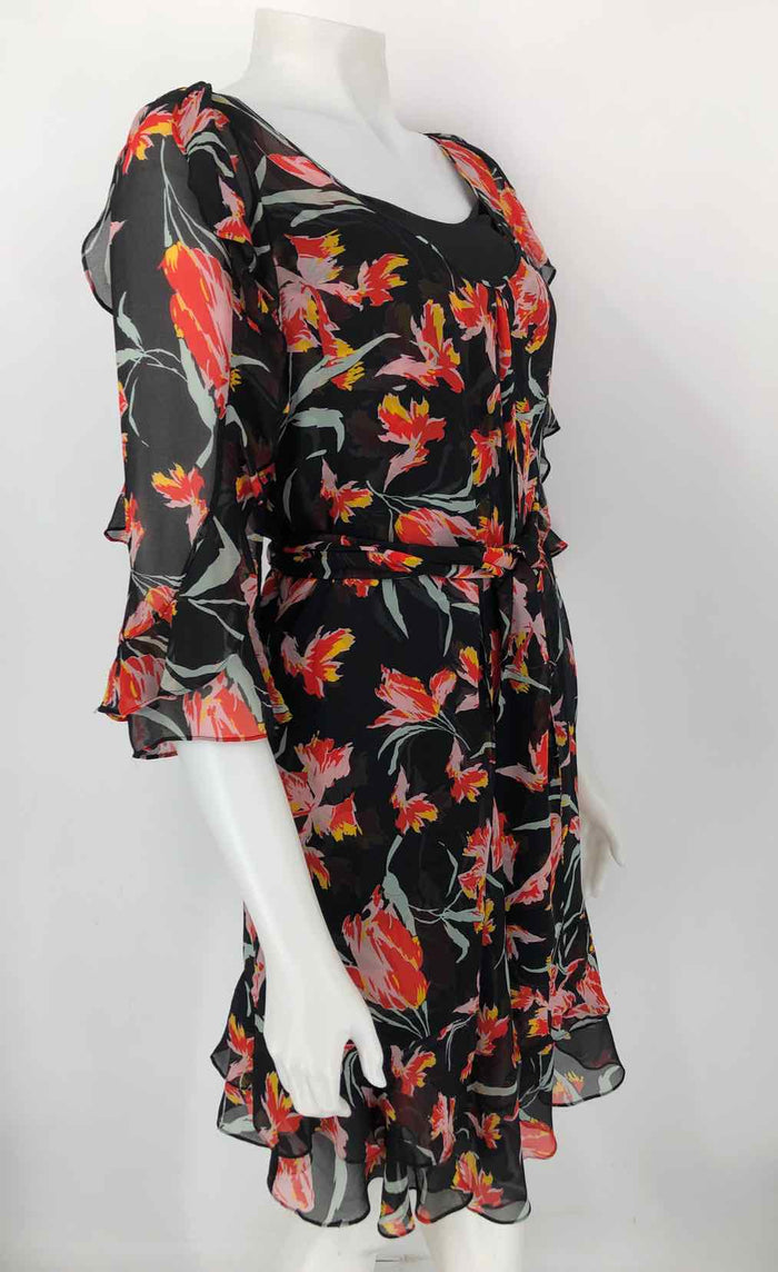 DVF - DIANE VON FURSTENBERG Black Pink Multi Silk Floral Longsleeve Dress