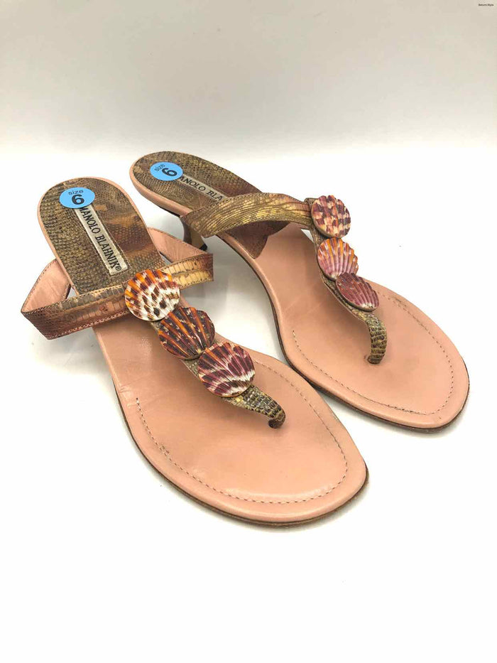 MANOLO BLAHNIK Pink Tan Leather Italian Made Shell Thong Sandal Shoes