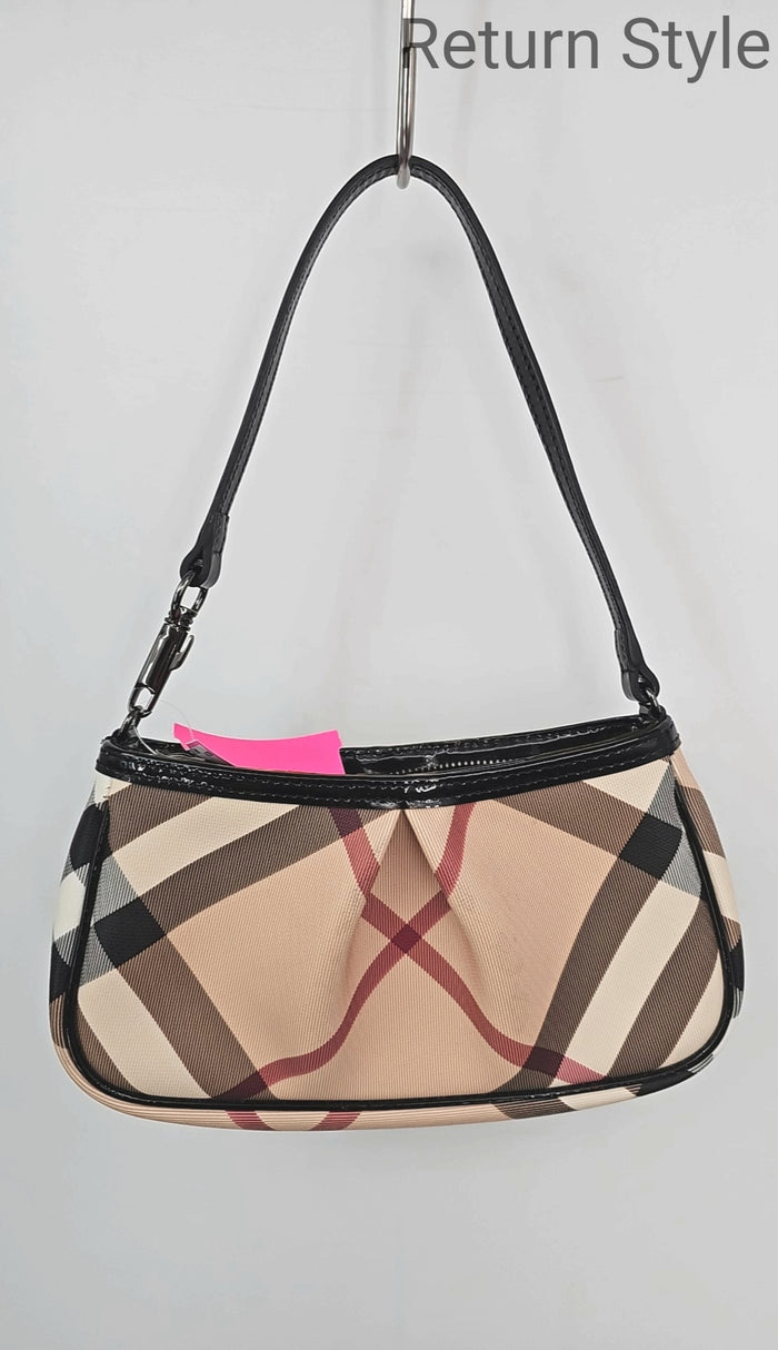 BURBERRY Beige Black & Red Patent Plaid Handbag Purse