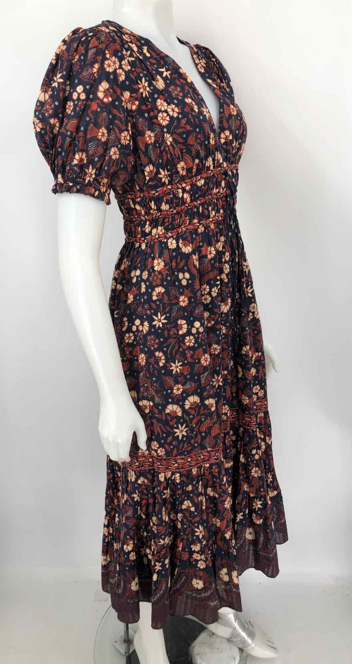 ULLA JOHNSON Navy Brown & Beige Floral Maxi Length Size 0  (XS) Dress