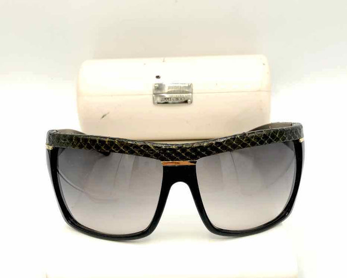 JIMMY CHOO Black Goldtone Reptile Pattern Pre Loved Shield Sunglasses w/case