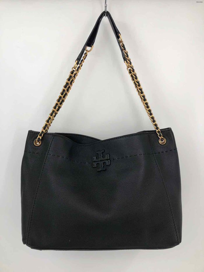 TORY BURCH Black Goldtone Leather Pre Loved Tote Purse