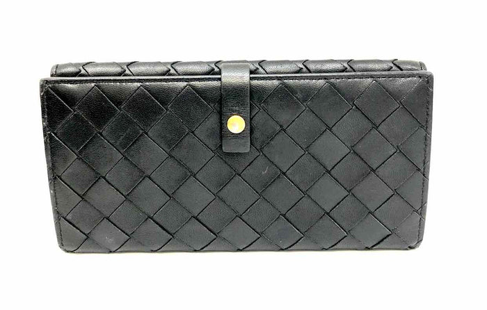 BOTTEGA VENETA Black Leather Pre Loved Intrecciato Tri fold Wallet