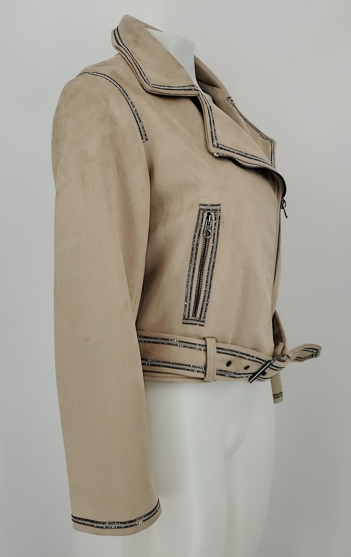 ZARA Beige Silver Multi Faux Suede Rhinestone Trim Moto Jacket