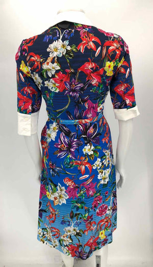 MARY KATRANTZOU Blue Red Multi Floral Print Longsleeve Size 6  (S) Dress