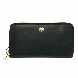 TORY BURCH Black Gold Leather Pre Loved Zip Around 18.5" 1" 14.5" Wallet