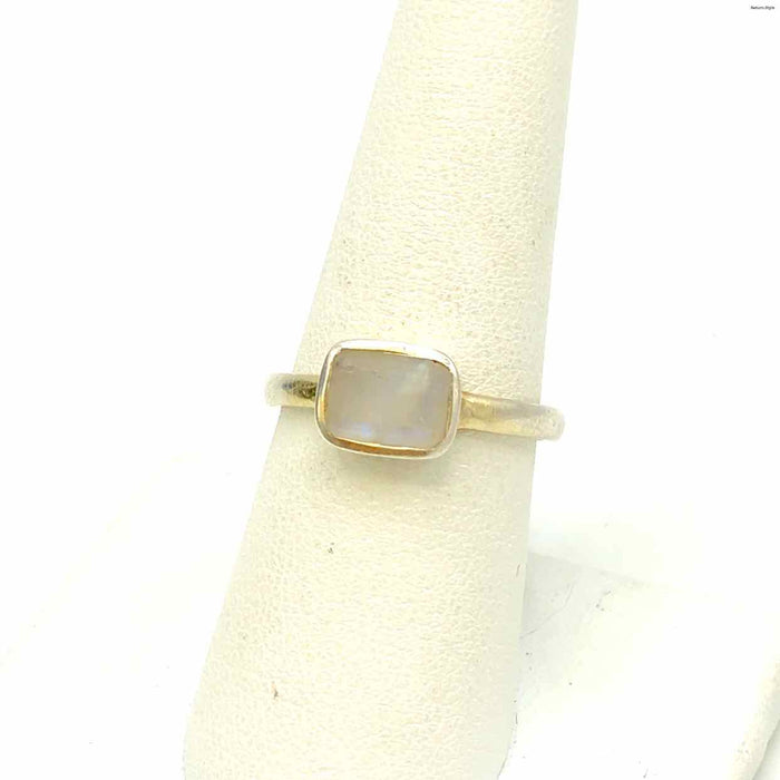 Silver White Iridescent Rainbow Moonstone ss Ring sz8