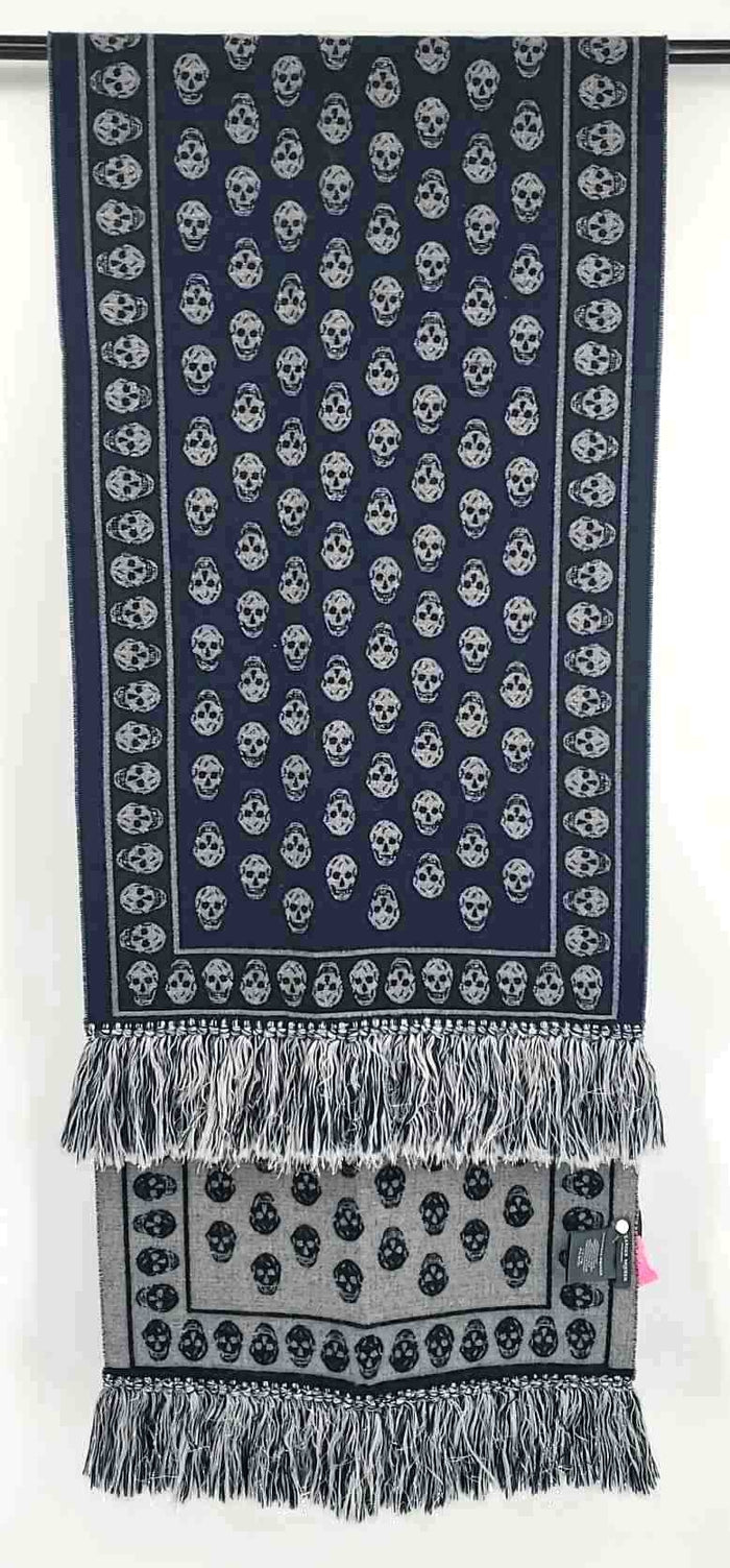 ALEXANDER McQUEEN Navy Gray Wool & Silk Skull Scarf