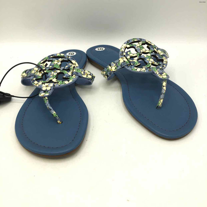 TORY BURCH Blue Beige Patent Leather Floral Thong Sandal Shoe Size 10 Shoes