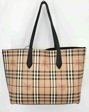 BURBERRY Tan Black & Red Pre Loved AS IS Plaid Reversible Tote 18" 4.5" Purse