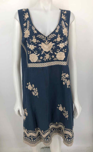 JOHNNY WAS Blue Beige Linen Embroidered Sleeveless Size LARGE  (L) Dress