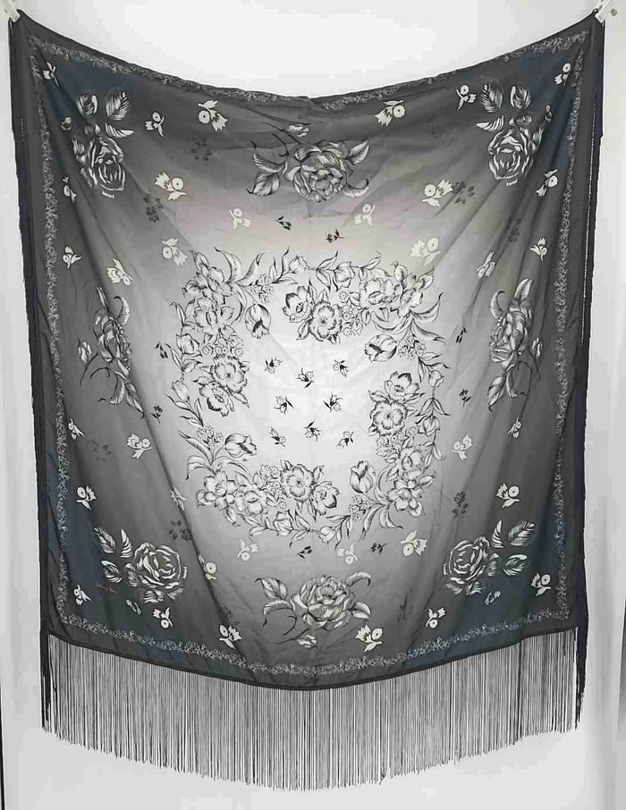 JOHNNY WAS Black White Silk Print Fringe Scarf