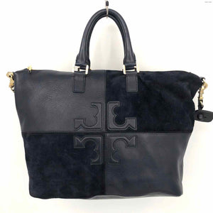 TORY BURCH Navy Gold Leather & Suede Patchwork Zip Top Tote 14" 6" 11 in Purse