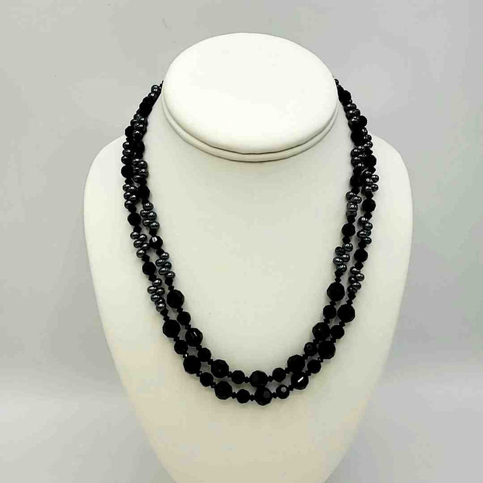 Black Iridescent Sterling Silver Beaded 2 Strand ss Necklace