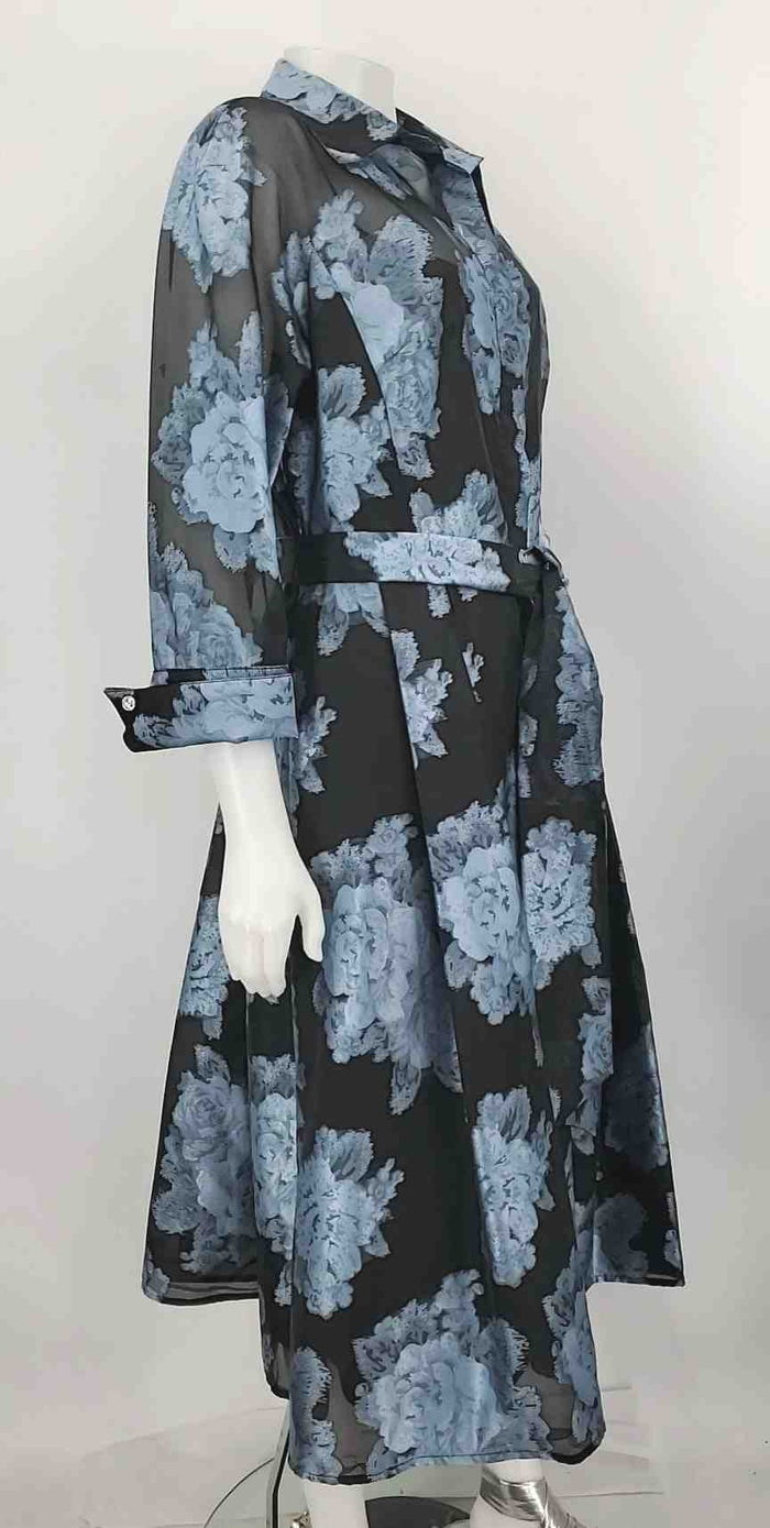 TERI JON Black Blue Floral Print Longsleeve Size 14  (L) Dress