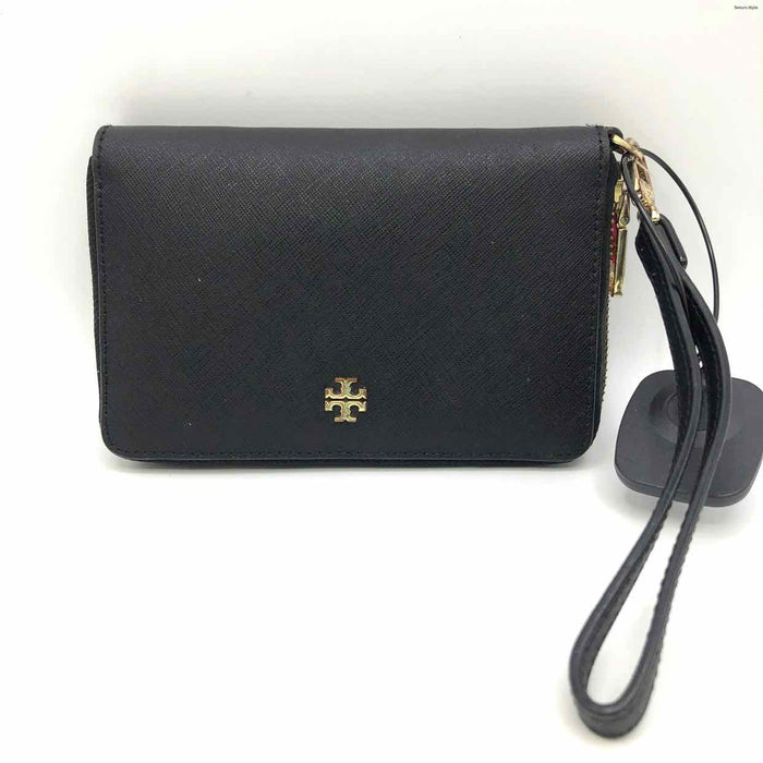 TORY BURCH Black Gold Zip Around Wristlet Wallet