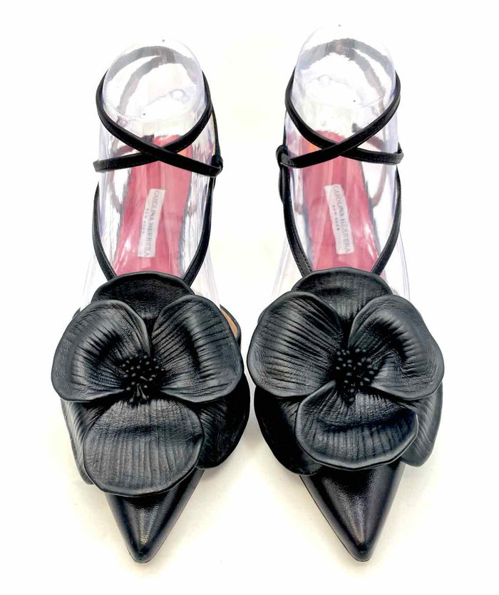 CAROLINA HERRERA Black Leather Pointed Toe Flower Heels Shoes