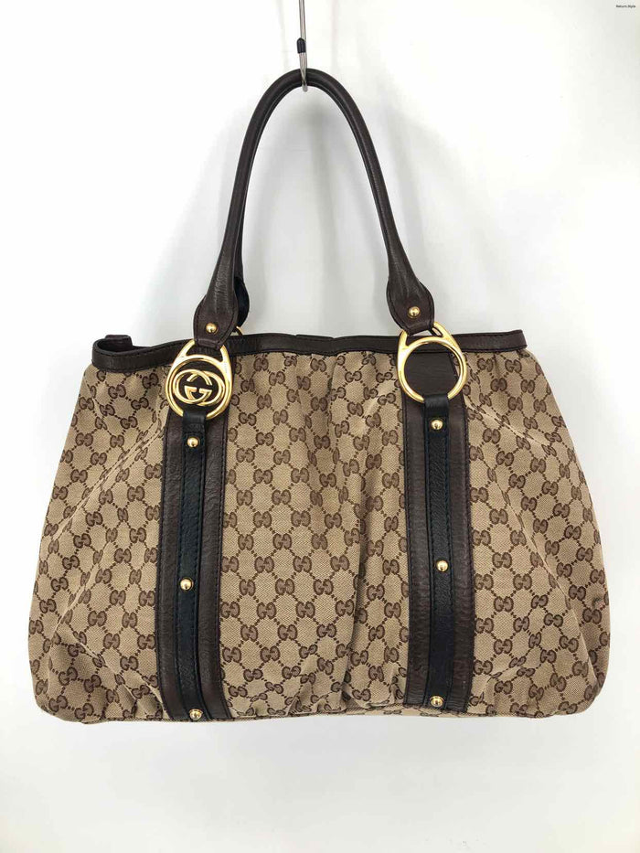 GUCCI Brown & Tan Gold Leather & Canvas Pre Loved - Altered Monogram Tote Purse